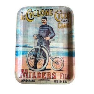 Vintage TRAY: Bicycle Le Cyclone Sans Chaine Woven Bamboo Poster Art